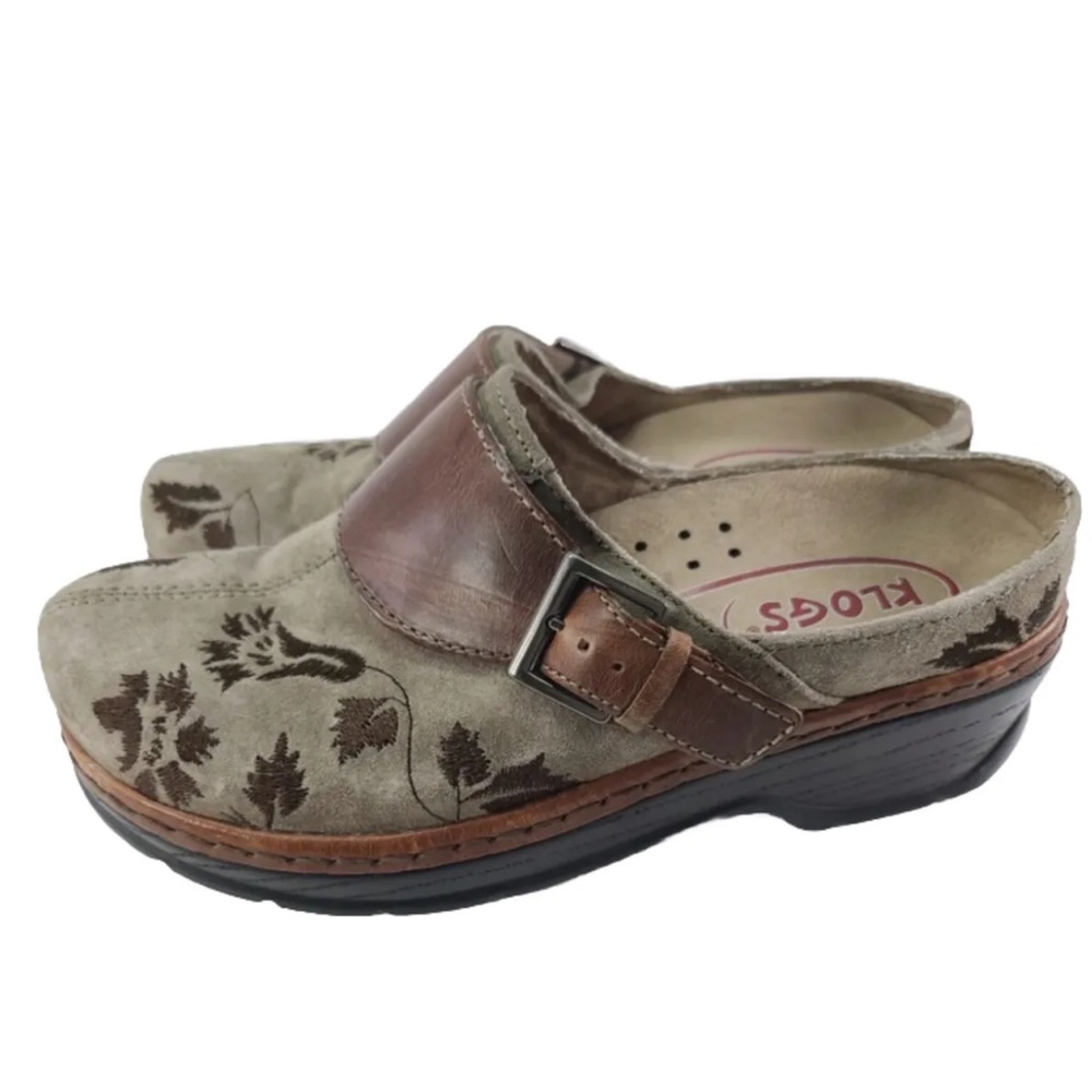 Klogs Austin Taupe Suede Tapestry Leather Clogs Mules SZ 7.5M